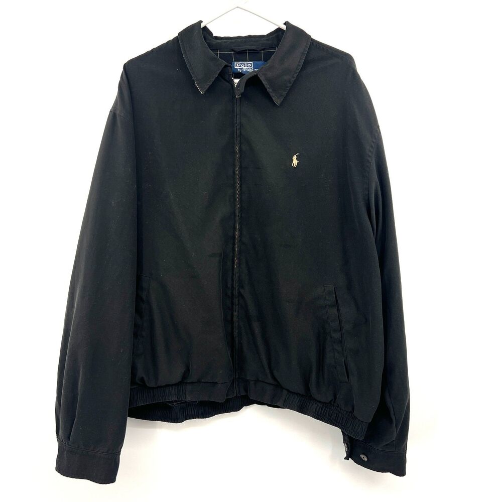 Polo Ralph Lauren Harrington Jacket Mens XL Black Full Zip Windowpane Lining VTG